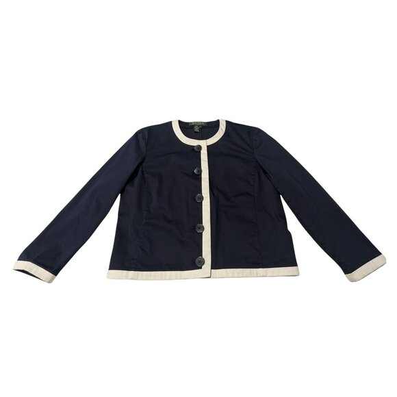 Lauren Ralph Lauren Petite Navy Cropped Jacket with Ivory Trim P/S - Picture 2 of 5
